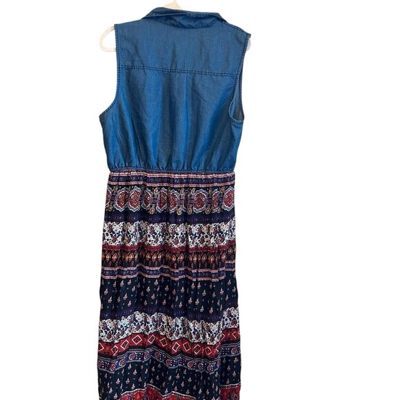 Speed Control 1x Denim Floral Shirt Dress midi Sleeveless Batik Boho Farmhouse - Picture 2 of 11